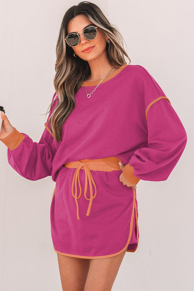 Women's Rose Red and Terracotta Color Block Skort Set with Cinch Waist with practical styling and dependable silhouette control.