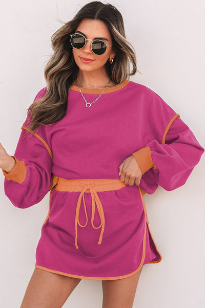 Women's Rose Red and Terracotta Color Block Skort Set with Cinch Waist with practical styling and dependable silhouette control.