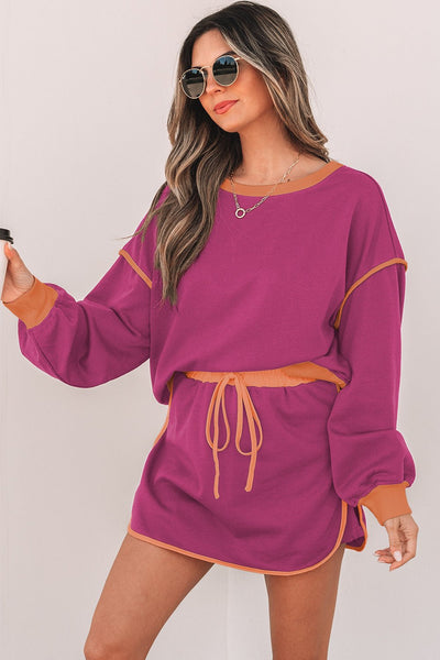 Women's Rose Red and Terracotta Color Block Skort Set with Cinch Waist with practical styling and dependable silhouette control.