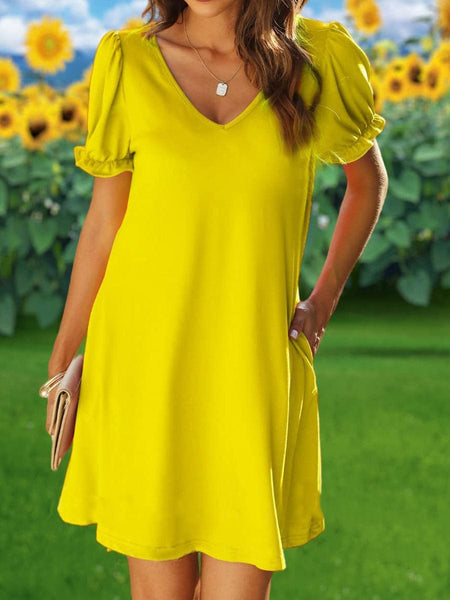 Women's Round Neck Flounce Sleeve Pockets Mini Dress