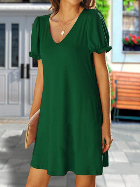 Women's Round Neck Flounce Sleeve Pockets Mini Dress