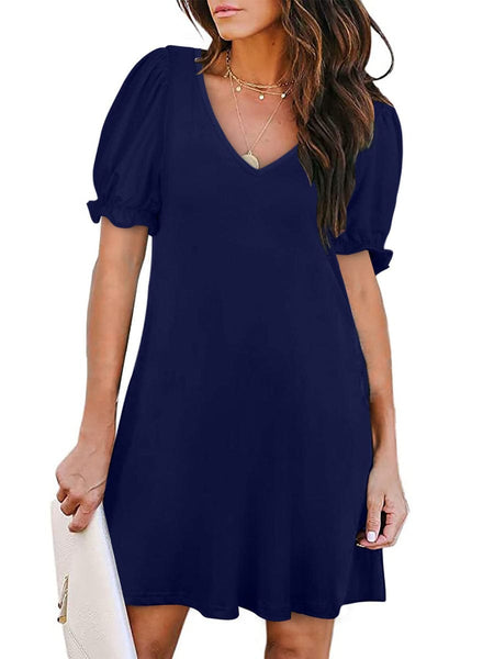 Women's Round Neck Flounce Sleeve Pockets Mini Dress