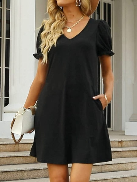 Women's Round Neck Flounce Sleeve Pockets Mini Dress