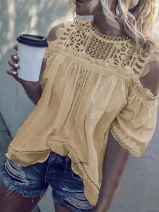 Round Neck Off Shoulder Cut-out Short Sleeve T Shirt