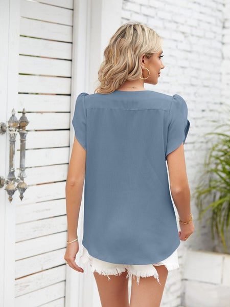 Round neck petal sleeve chiffon short sleeve loose women's T-shirt top