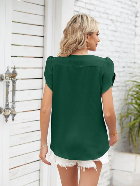 Round neck petal sleeve chiffon short sleeve loose women's T-shirt top