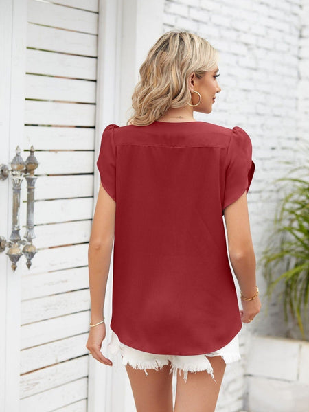 Round neck petal sleeve chiffon short sleeve loose women's T-shirt top