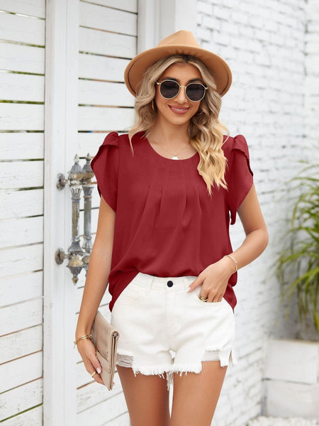 Round neck petal sleeve chiffon short sleeve loose women's T-shirt top