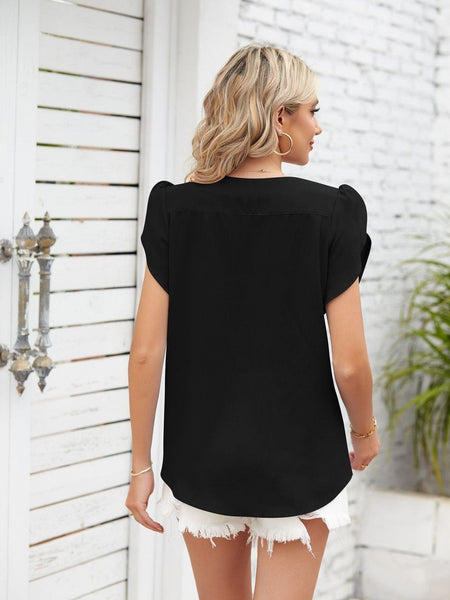 Round neck petal sleeve chiffon short sleeve loose women's T-shirt top
