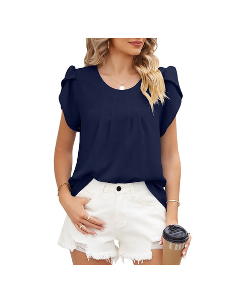 Round neck petal sleeve chiffon short sleeve loose women's T-shirt top