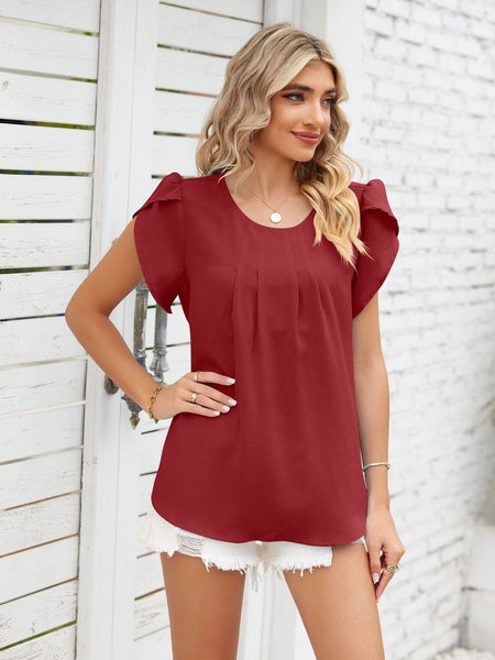 Round neck petal sleeve chiffon short sleeve loose women's T-shirt top