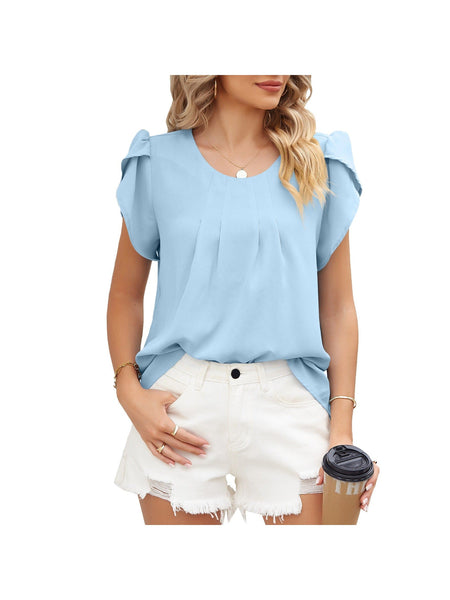 Round neck petal sleeve chiffon short sleeve loose women's T-shirt top