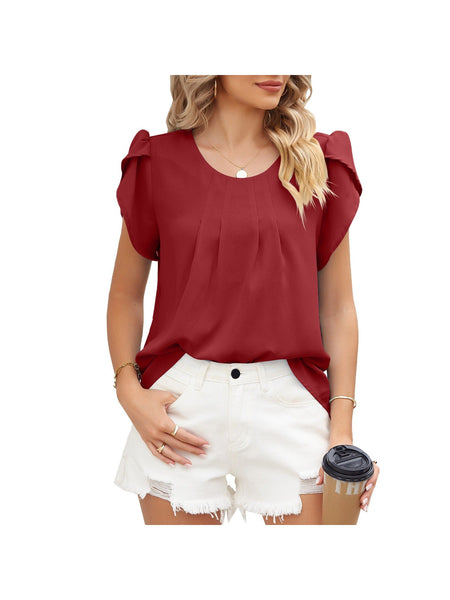 Round neck petal sleeve chiffon short sleeve loose women's T-shirt top