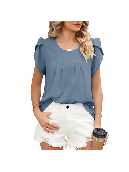Round neck petal sleeve chiffon short sleeve loose women's T-shirt top