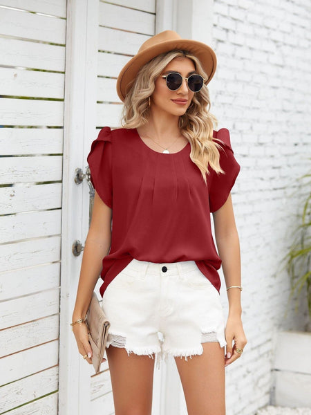 Round neck petal sleeve chiffon short sleeve loose women's T-shirt top
