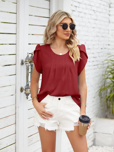 Round neck petal sleeve chiffon short sleeve loose women's T-shirt top