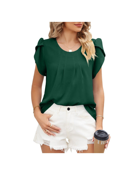 Round neck petal sleeve chiffon short sleeve loose women's T-shirt top