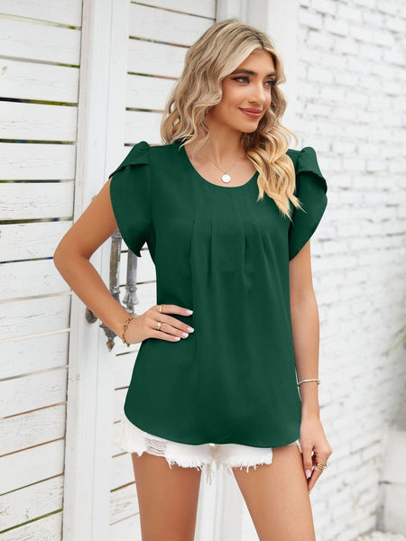 Round neck petal sleeve chiffon short sleeve loose women's T-shirt top