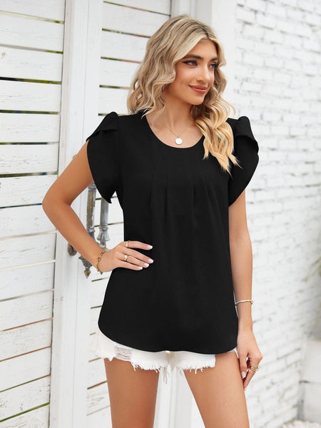 Round neck petal sleeve chiffon short sleeve loose women's T-shirt top