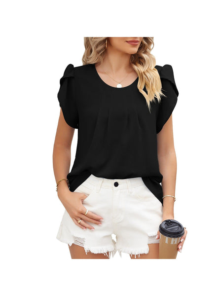 Round neck petal sleeve chiffon short sleeve loose women's T-shirt top