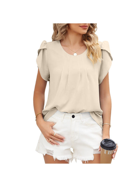 Round neck petal sleeve chiffon short sleeve loose women's T-shirt top