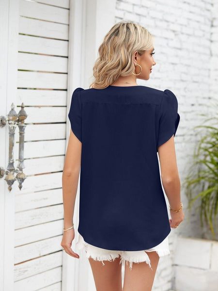 Round neck petal sleeve chiffon short sleeve loose women's T-shirt top