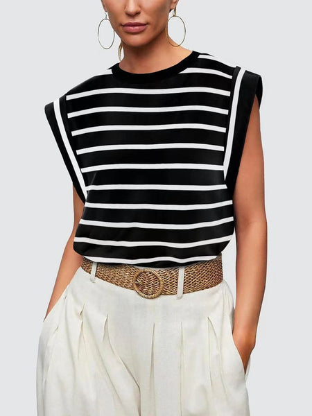 Round neck raglan patchwork striped casual T-shirt top