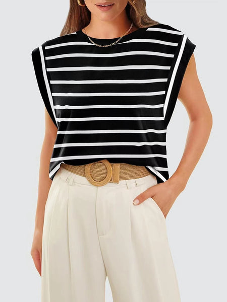 Round neck raglan patchwork striped casual T-shirt top