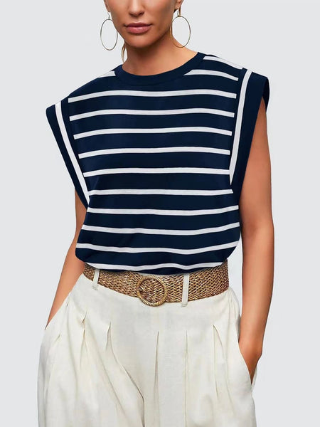 Round neck raglan patchwork striped casual T-shirt top