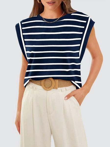 Round neck raglan patchwork striped casual T-shirt top