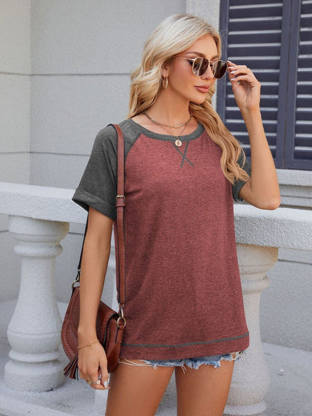Round neck short sleeve slit contrast patchwork loose T-shirt