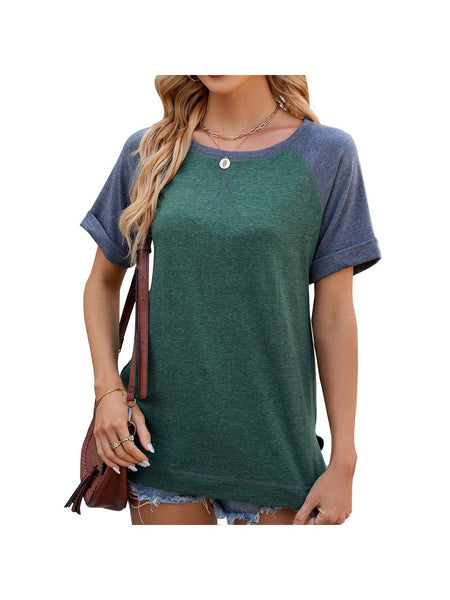 Round neck short sleeve slit contrast patchwork loose T-shirt