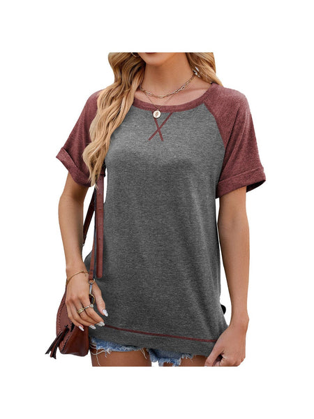 Round neck short sleeve slit contrast patchwork loose T-shirt