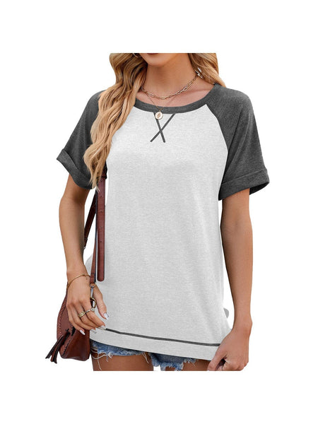 Round neck short sleeve slit contrast patchwork loose T-shirt