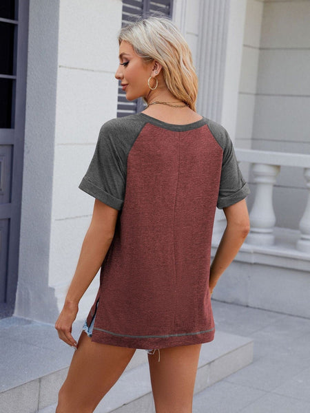 Round neck short sleeve slit contrast patchwork loose T-shirt