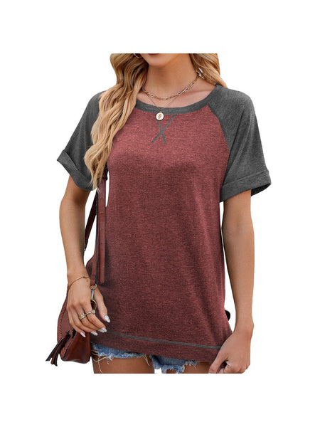 Round neck short sleeve slit contrast patchwork loose T-shirt