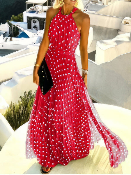 Women's Round Neck Sleeveless Polka Dot Print Dress