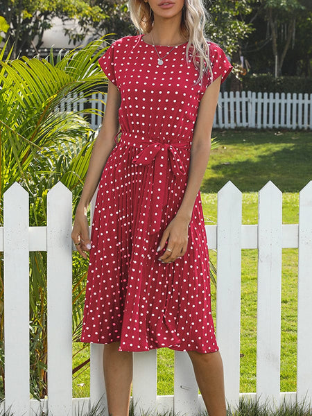 Round Neck Tie Polka Dot Pleated Short Sleeve Midi Dress
