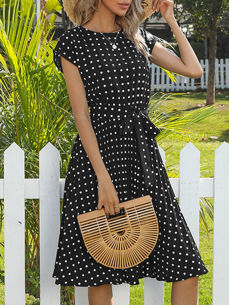 Round Neck Tie Polka Dot Pleated Short Sleeve Midi Dress