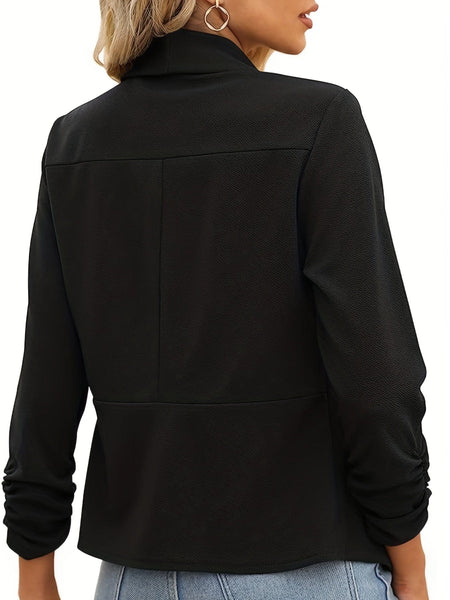 Ruched Solid Color Open-Front Buttonless Placket Casual Blazer