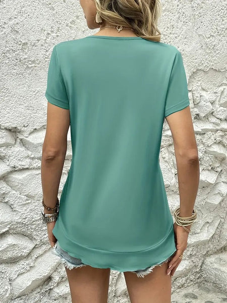 Ruffled Hem Tee with Crew Neck, Short Sleeves - Women's Casual Spring & Summer Top