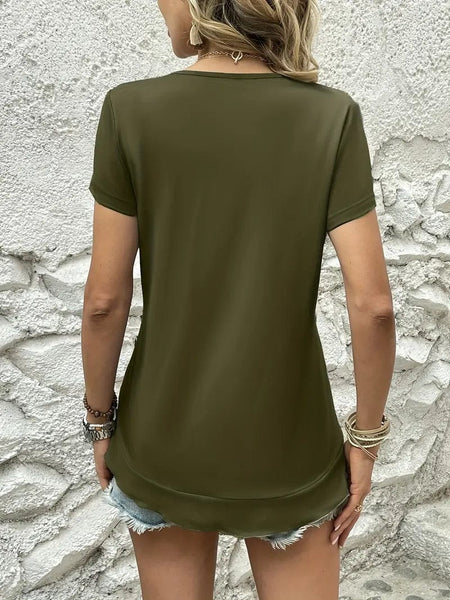 Ruffled Hem Tee with Crew Neck, Short Sleeves - Women's Casual Spring & Summer Top
