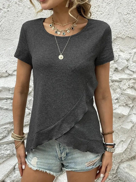 Ruffled Hem Tee with Crew Neck, Short Sleeves - Women's Casual Spring & Summer Top