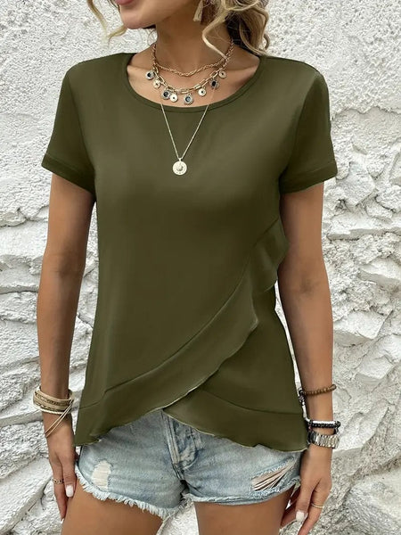Ruffled Hem Tee with Crew Neck, Short Sleeves - Women's Casual Spring & Summer Top