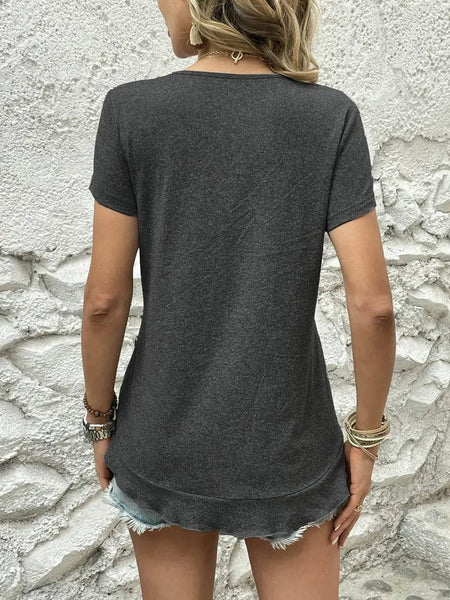 Ruffled Hem Tee with Crew Neck, Short Sleeves - Women's Casual Spring & Summer Top