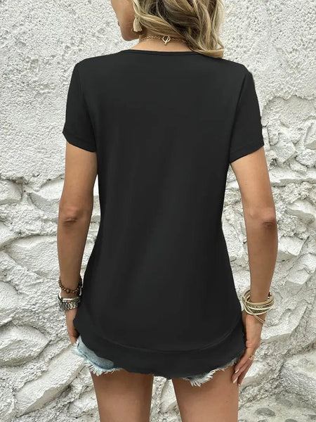 Ruffled Hem Tee with Crew Neck, Short Sleeves - Women's Casual Spring & Summer Top