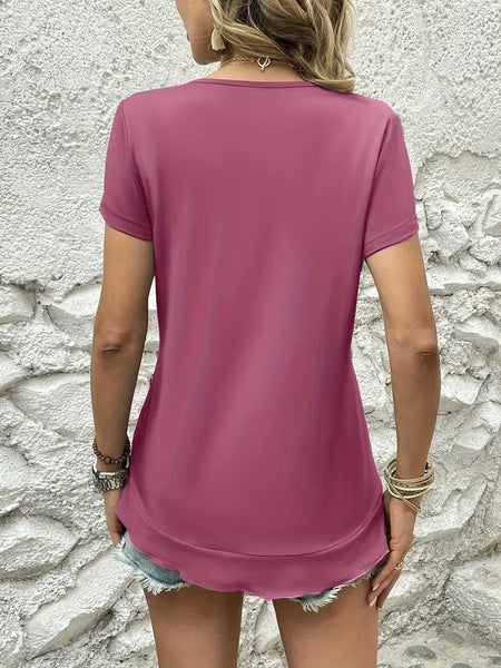 Ruffled Hem Tee with Crew Neck, Short Sleeves - Women's Casual Spring & Summer Top