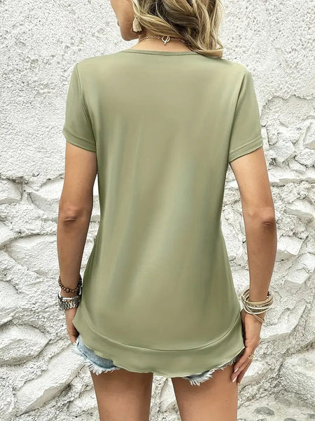 Ruffled Hem Tee with Crew Neck, Short Sleeves - Women's Casual Spring & Summer Top