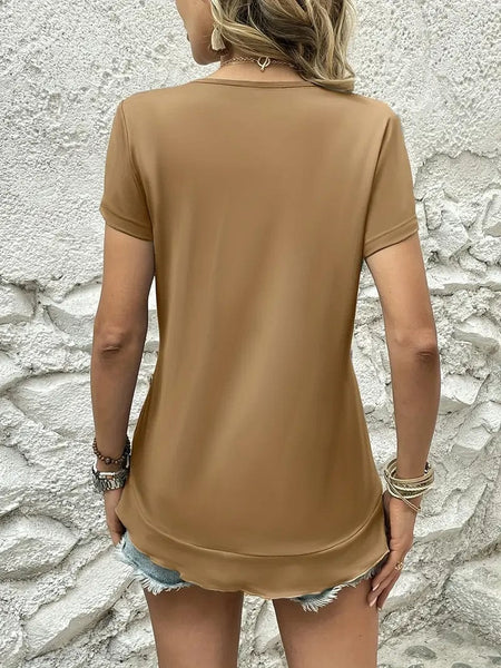 Ruffled Hem Tee with Crew Neck, Short Sleeves - Women's Casual Spring & Summer Top