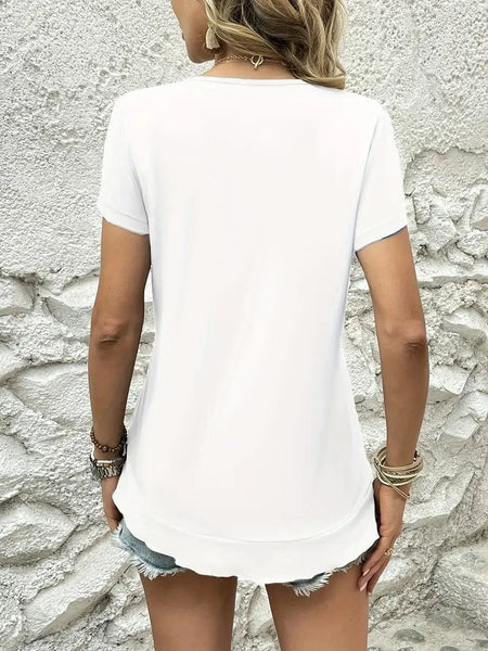 Ruffled Hem Tee with Crew Neck, Short Sleeves - Women's Casual Spring & Summer Top